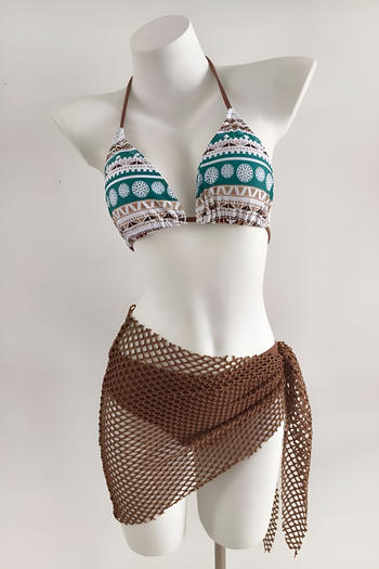 sexy graphic printing padded hollow fishnet skirt three-piece swimsuit