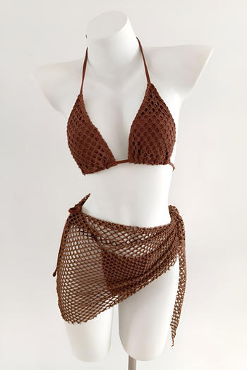 sexy pure colour padded hollow fishnet skirt three-piece swimsuit