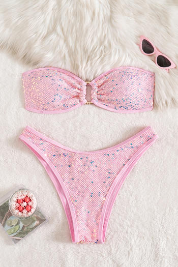 sexy sequin decor 4 colors padded ring linked bandeau bikini set