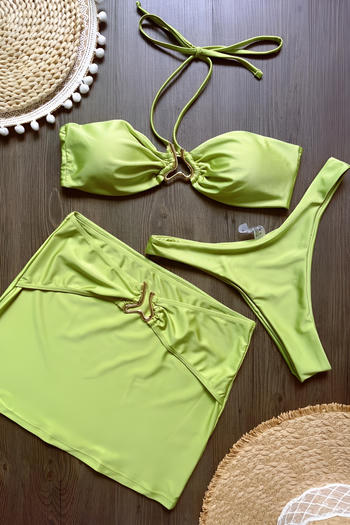sexy metal decor removable padding halter-neck lace-up three-piece swimsuit