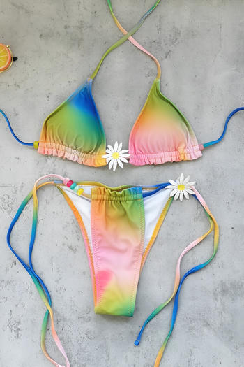 sexy gradient colour 3d flower beading padded halter-neck triangle bikini set