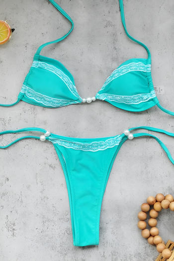 sexy lace stitching beading padded lace-up bikini set