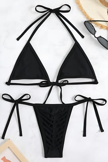 sexy pure color non-padded hollow out halter-neck lace-up bikini set