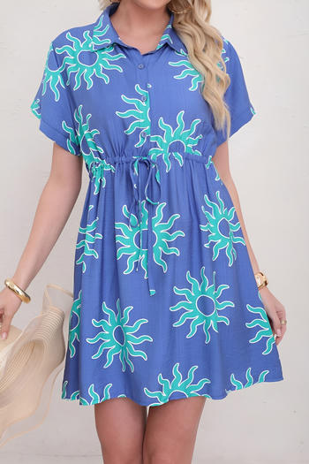 stylish graphic print single-breasted drawstring beach shirt mini dress cover-up