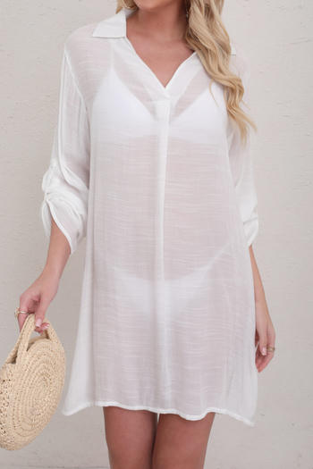 stylish 3 colors long sleeve beach shirt dress cover-up(only dress)