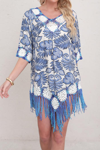 stylish two colors leaf printing hollow crochet tassel beach dress cover-up