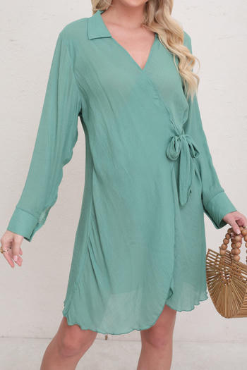 stylish pure colour long sleeve lace-up beach shirt dress cover-up