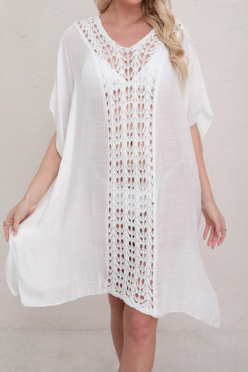 stylish 3 colors hollow crochet v-neck beach dress cover-up(only dress)