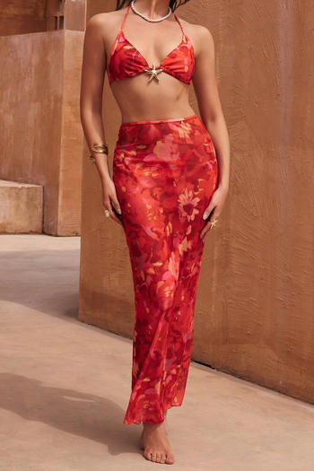 xs-xl sexy floral printing metallic starfish decor padded three-piece swimsuit