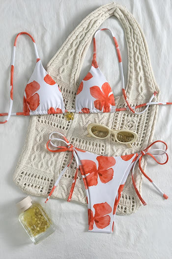 xs-l sexy flower printing pendant padded triangle bikini set