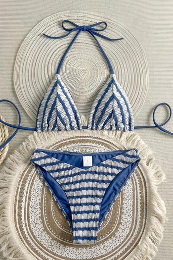 xs-l sexy textured striped padded halter-neck lace-up triangle bikini set