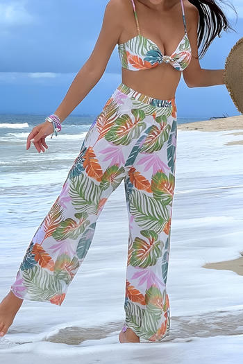 sexy multicolor leaf printing padded beach pants three-piece swimsuit