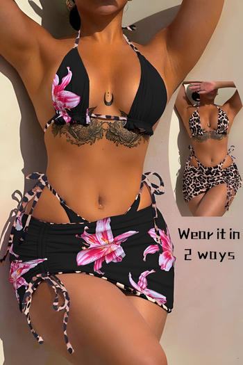 xs-l sexy leopard and floral print non-padded halter-neck three-piece swimsuit