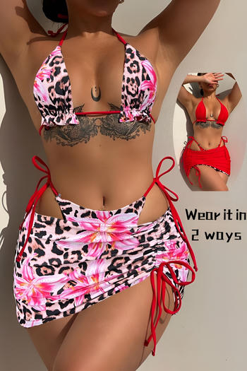 xs-l sexy 3 colors leopard and floral print non-padded three-piece swimsuit