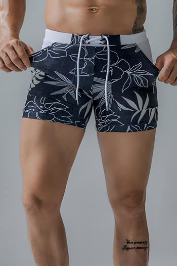 men's stylish plus size stretch leaf printing with lined swimming boxers