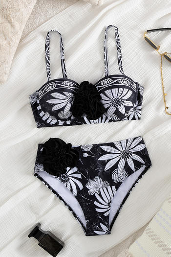 sexy retro floral printing 3d flower padded underwire high waist tankini set