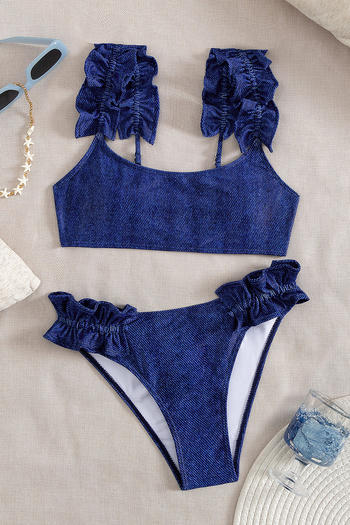 stylish fake denim printing padded ruffle tankini set