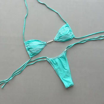sexy lace stitching pearl decor padded lace-up bikini set