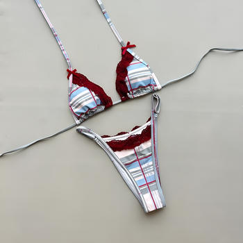 sexy lace stitching bow decor padded halter-neck triangle bikini set