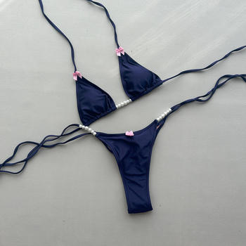 sexy beading bow decor padded halter-neck triangle self-tie bikini set