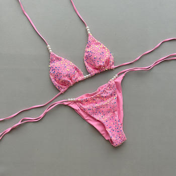 sexy sequin beading padded halter-neck triangle self-tie triangle bikini set