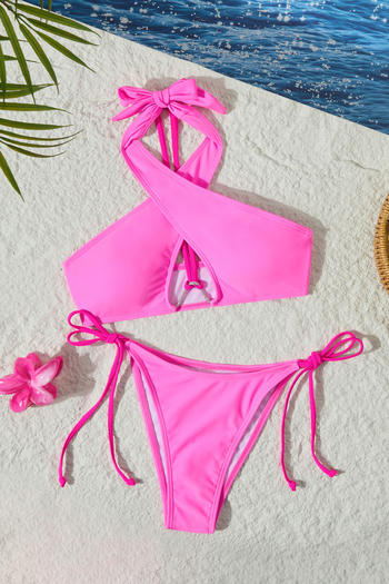 sexy 3 colors padded hollow halter-neck lace-up tankini set