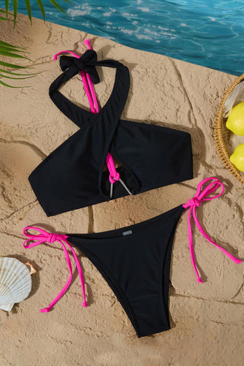 sexy color-block padded hollow halter-neck lace-up tankini set