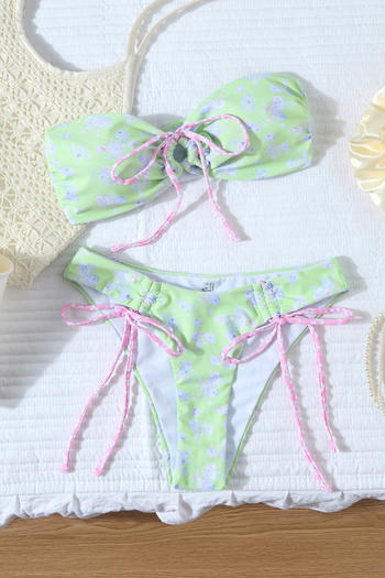 sexy floral printing removable padding lace-up bikini set