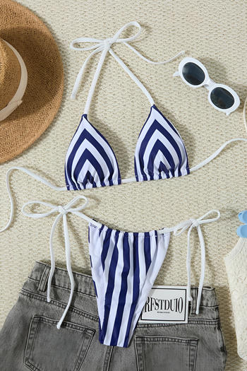 sexy classic stripe printing padded halter-neck triangle bikini set