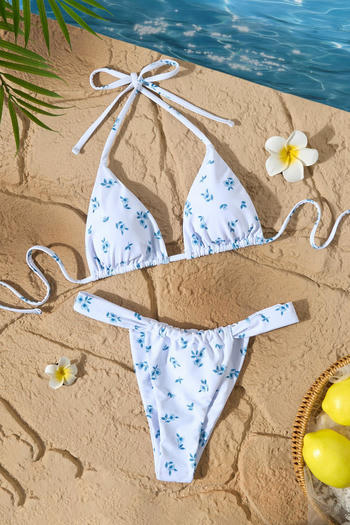 sexy floral print removable padding halter-neck triangle bikini set
