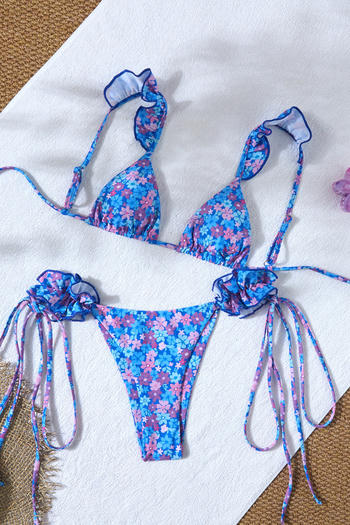 sexy floral print removable padding ruffle lace-up triangle bikini set
