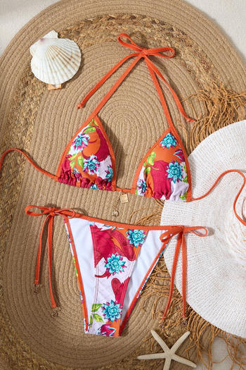 sexy floral print metallic pendant removable padding halter-neck bikini set