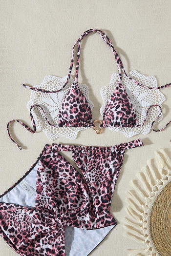 sexy leopard print metallic ring linked padded halter-neck three-piece swimsuit