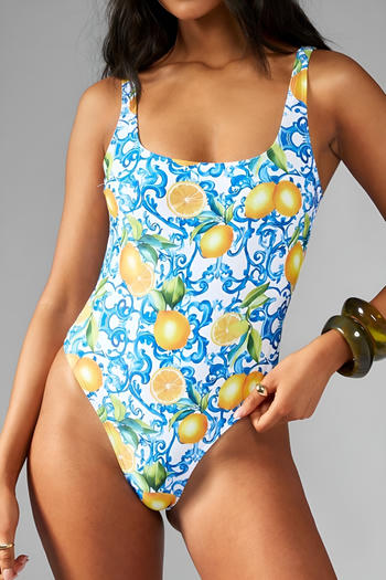 stylish sweet lemon printing non-padded backless sling one-piece swimwear