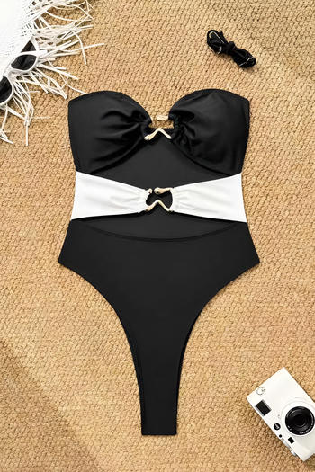 sexy color-block hollow ring linked padded removable straps one-piece swimsuit