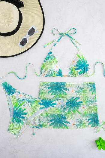 sexy coconut tree print padded mesh drawstring skirt three-piece swimsuit