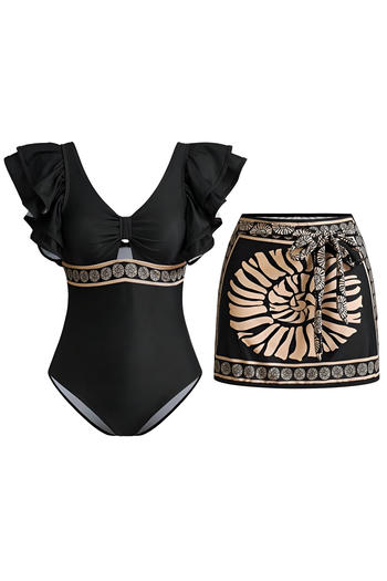 stylish retro graphic printing padded v-neck ruffle one-piece swimsuit & skirt