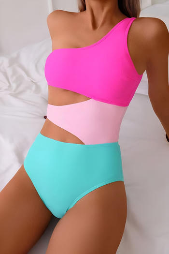 sexy color-block hollow out padded one shoulder one-piece swimsuit