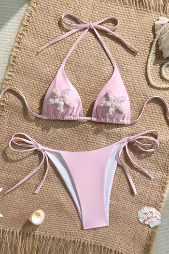 xs-l sexy pearl decor padded halter-neck self-tie triangle bikini set