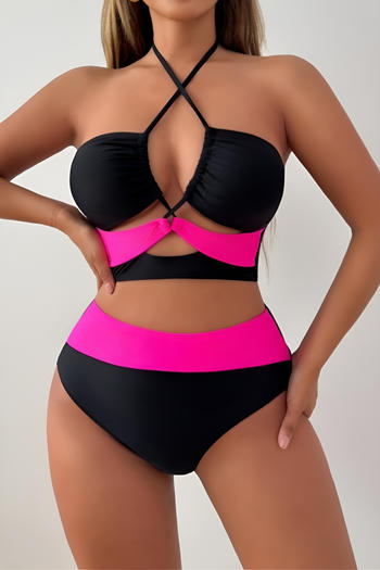 sexy color-block hollow padded halter-neck lace-up tankini set