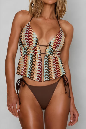 sexy textured color-block padded halter-neck lace-up tankini set