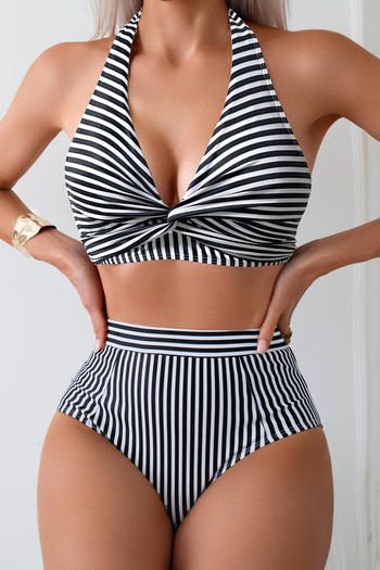 sexy stripe printing padded v-neck halter-neck high waist tankini set