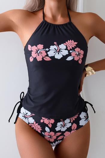 stylish retro flower printing padded halter-neck drawstring tankini set