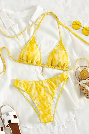 sexy tie dye rhinestone pendant padded halter-neck triangle bikini set