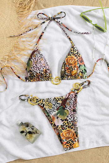 sexy leopard and flower print spiral ring linked padded halter-neck bikini set