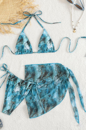 sexy graphic printing padded halter-neck mesh skirt three-piece swimsuit