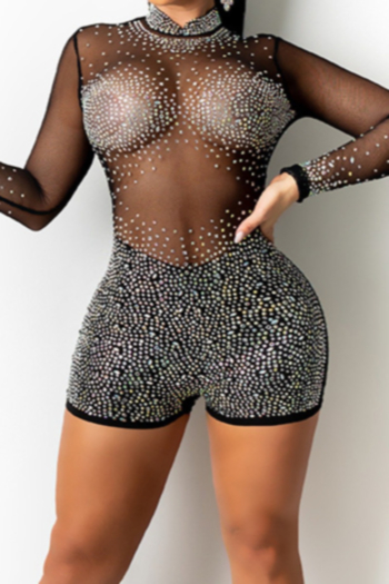 autumn new plus size see through mesh stretch rhinestone decor zip-up back sexy skinny playsuit (without lining)