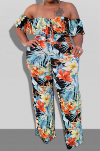 xl-5xl new tropical batch printing stretch off-shoulder wide-leg stylish jumpsuit