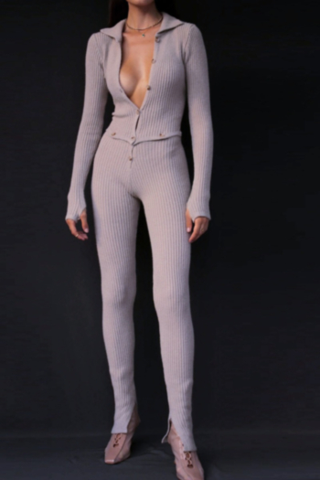 three colors new stylish solid color long sleeve single breasted autumn stretch jumpsuit