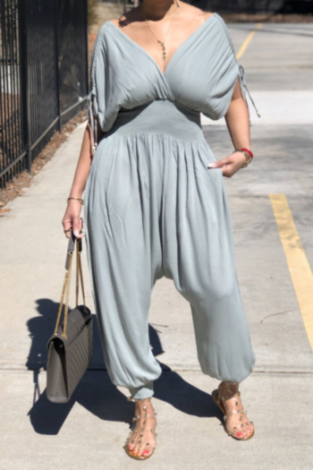 new plus size solid color micro-elastic v-neck backless loose drawstring stylish jumpsuit